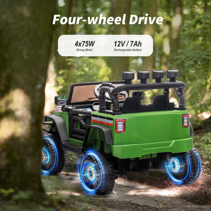 Hikiddo 4WD Kids Ride on Truck Car, 12V 7Ah Ride on Toy Electric Cars for Kids w/ Remote, Bluetooth, 4x75W Motors - Army Green