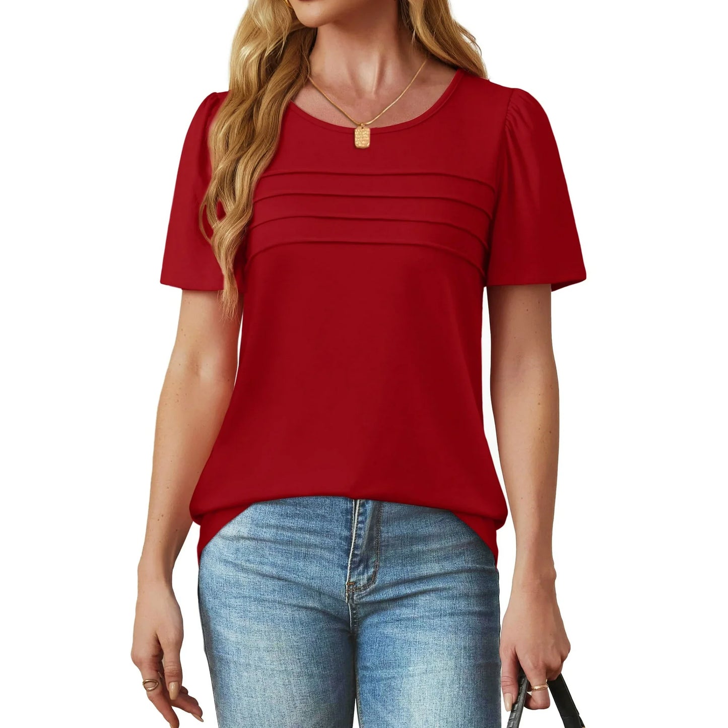 Fantaslook Women Blouses Dressy Casual Summer Short Sleeve Shirts Crew Neck Pleated Tunic Tops