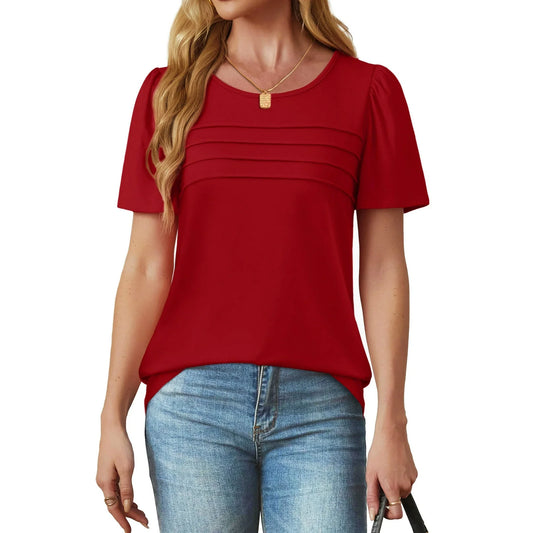 Fantaslook Women Blouses Dressy Casual Summer Short Sleeve Shirts Crew Neck Pleated Tunic Tops
