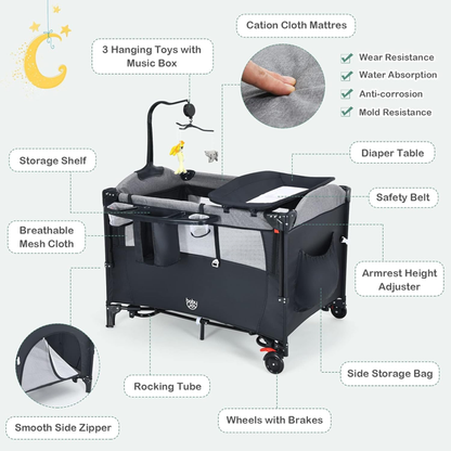 Baby Bassinet, Novashion 5 in 1 Bedside Sleeper Bassinet, Portable Baby Playard Baby Crib, with Removable Changing Station & Storage Organizer, Black