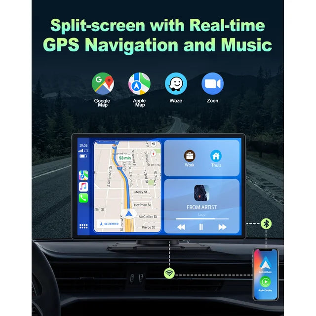 Lamtto Portable Car Stereo Wireless Apple CarPlay, 9" FHD Car Touch Sereen Radio with 1080P Backup Camera, Android Auto, Voice Control, Bluetooth, Mirror Link, GPS Navigation, Balck
