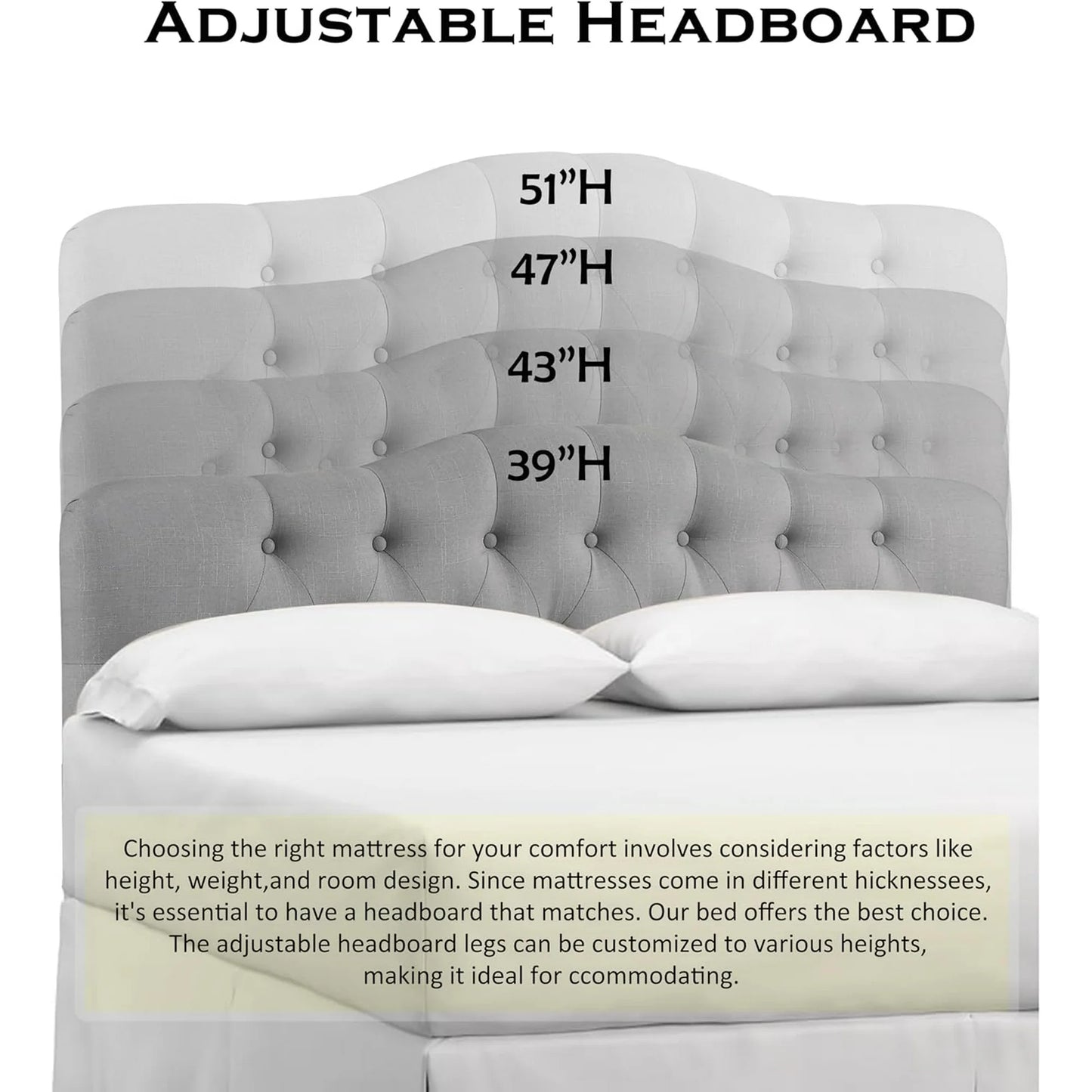 Adjustable Heigh Headboard with Linen Upholstery and Button Tufting for Bedroom,King,Dove Gray