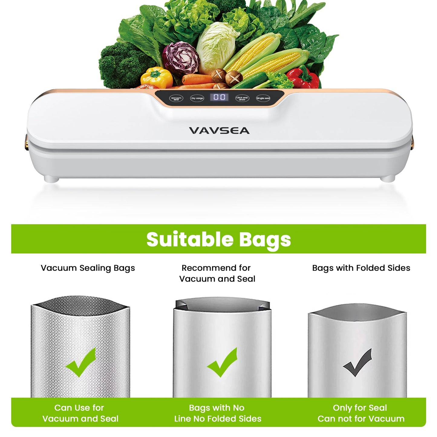 Vacuum Sealer, 62Kpa Food Sealer Machines with 4 Modes, Dry/Draw/Seal/Vac and 10Pcs Bags Starter Kit for Dry & Moist Food Storage Sous Vide