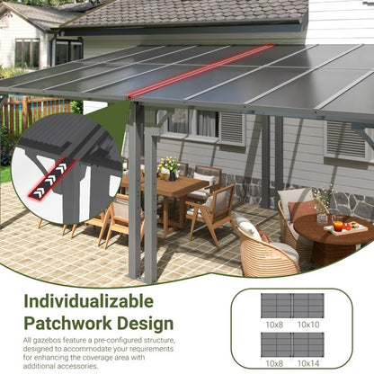 NETAJE 10'x14' Outdoor Splicable Gazebo, Hardtop Wall Mounted Gazebo & Pergola with Aluminum Frame and Sloping Roof, for Backyard, Deck, Patio-Gray