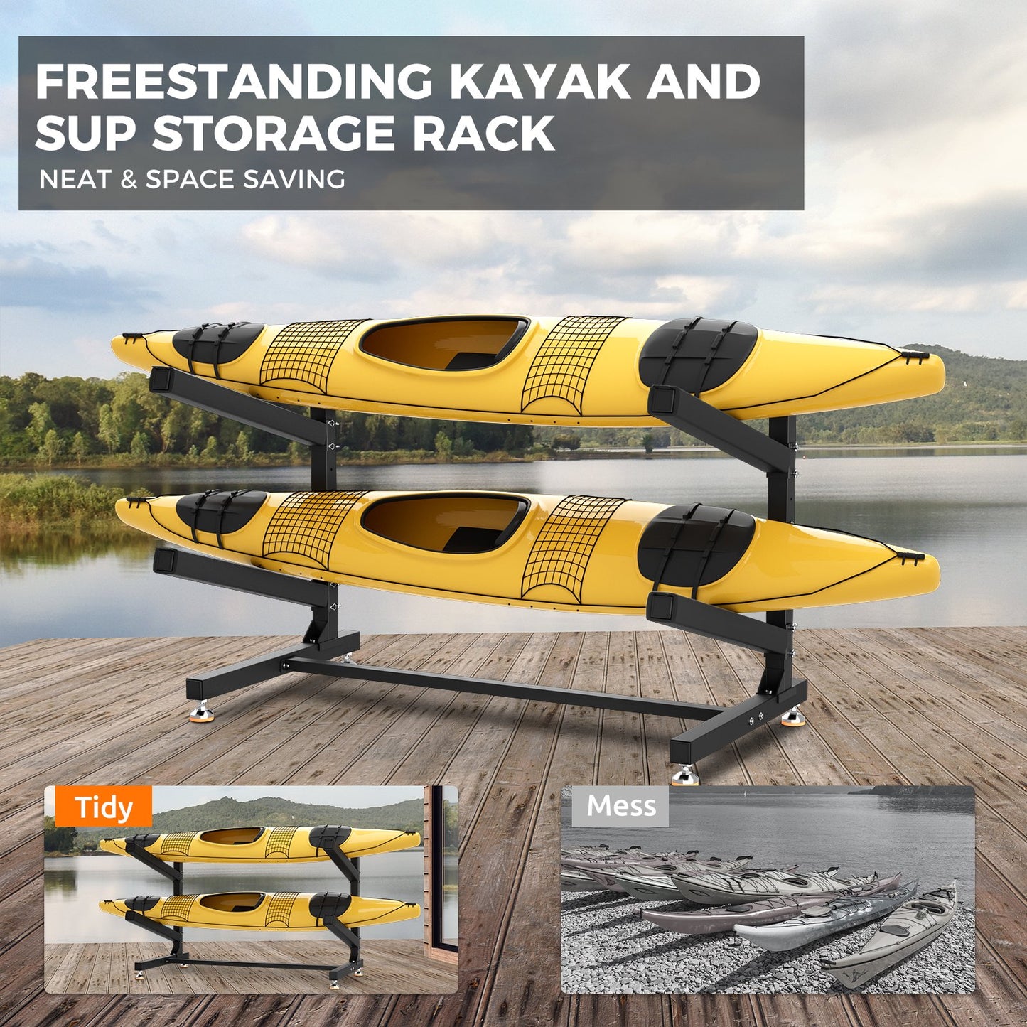Efurden Freestanding Kayak Storage Rack, Heavy Duty Outdoor/Indoor Kayak Storage Rack with Adjustable Foot Pad, Supports up to 200 Lbs (2 Levels)