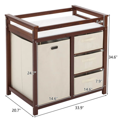 Baby Changing Table,Dresser Baby Diaper Changing Station with Laundry Hamper,Infant Nursing Table with 3 Storage Drawers,Removable Safety Rail & Strap for Bedroom,Brown
