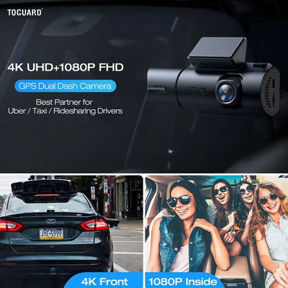 TOGUARD Front and Inside Dual Dash Camera 4K Car Dash Cam with GPS 3.16" Display, 170 Wide Angle, IR Night Vision, Support 256GB Max, Black