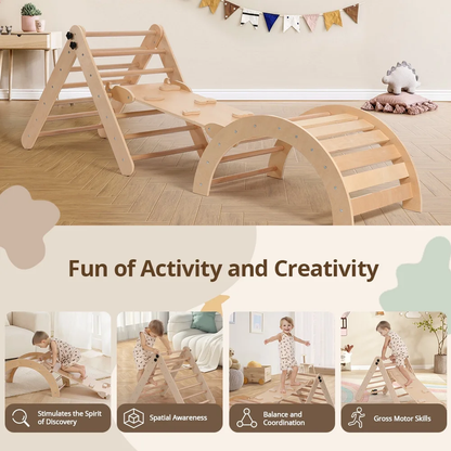 Pikler Triangle Set, RongTrading Montessori Climbing Set, Wooden Climbing Toys, with Arch, Ramp, Ladder, Tent and Cushion, Indoor Jungle Gym for Toddlers 0.5-6 Years Old