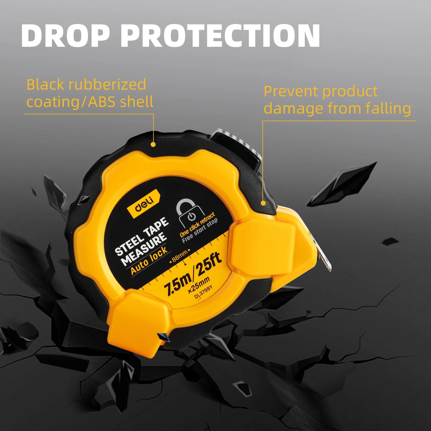 Deli 25FT Auto-Lock Steel Tape Measure,Heavy-duty Rubberized Retractable Measuring Tape with Self-Locking, Easy Read Tape Measure, Rubber Protective Casing