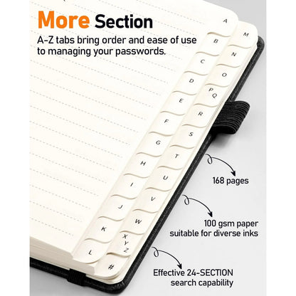 WEMATE Spiral Password Book with Alphabetical Tabs, Small Password Keeper Book ,Internet Password Notebook – 4.7''x 6'' (Black)