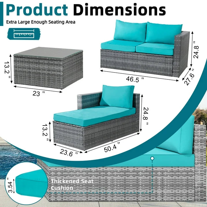 Carpet 3 Piece All-Weather Outdoor Furniture Sectional Sofa Patio Set Silver Gray Rattan Wicker with Tea Table and Cushions(Blue)