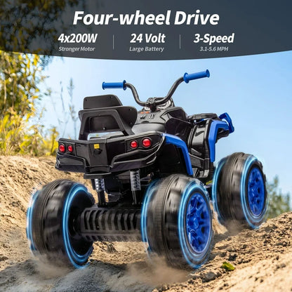 Hikiddo 24V Kids ATV 4-Wheeler, 24 Volt 4WD Ride on Toy for Big Kid w/ 4x200W Motor, 5.6Mph Max Speed - Blue