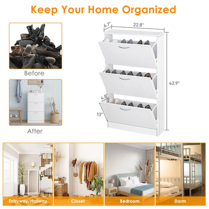 Ktaxon 3 Drawers Wooden Shoe Cabinet, Entryway Shoe Storage Cabinet Shoe Rack Organizer for Hallway Bedroom Closet Living Room Home Apartment, White