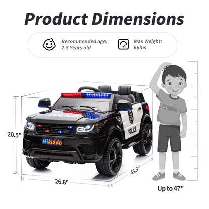 Hikiddo Electric Police Car for Kids, 24 Volt Kids Ride on Toys w/ 400W Motors, Megaphone, Remote, Bluetooth - Black