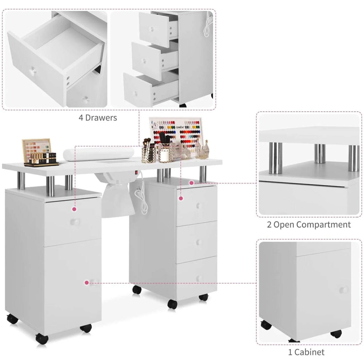 Ktaxon Nail Table Storage Station with 4 Drawers, Lockable Wheels, White