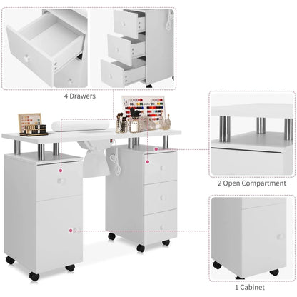 Ktaxon Nail Table Storage Station with 4 Drawers, Lockable Wheels, White