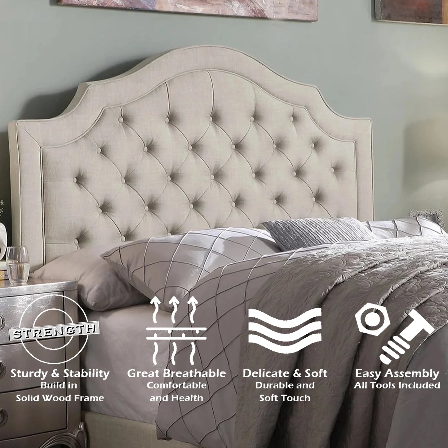 Queen Size Classical Bed Frame with Adjustable Button Tufted Headboard, Fabric Upholstered Platform Bed Frame for Bedroom, Strong Wooden Slat Support, Easy Assembly, Beige