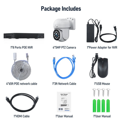 TOGUARD SC36 POE Wired Security Camera System Outdoor with 3TB Hard Drive 4K 8CH CCTV NVR 4Pcs 5MP PTZ Dome Surveillance Cameras HDMI Connector