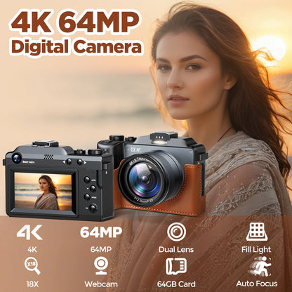 Campark 64MP Digital Camera 4K Video with 18x Zoom, 64GB Card for Beginners