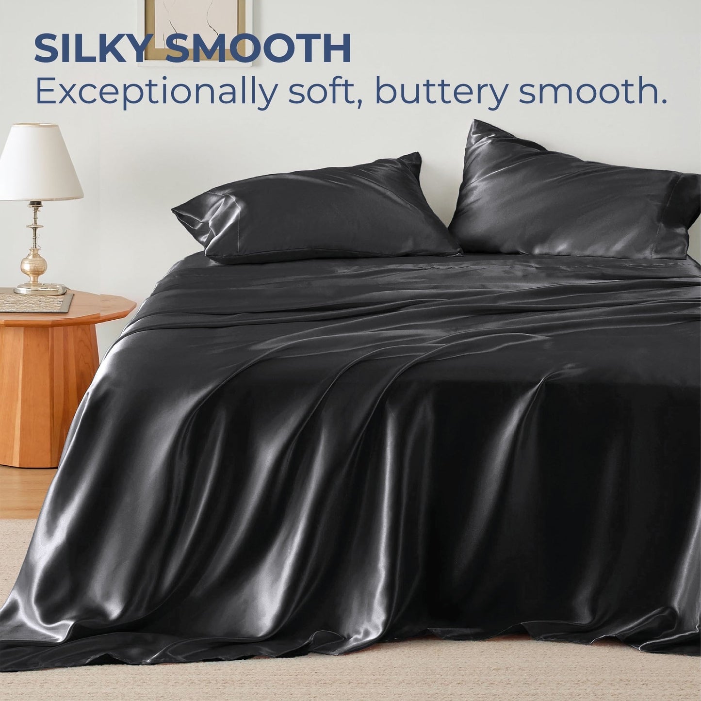 TURKIO Satin Sheets Queen Silk Sheets Black Bed Sheet Set,4 Pieces 1800 Microfiber 2 Pillowcase 20"x30"
