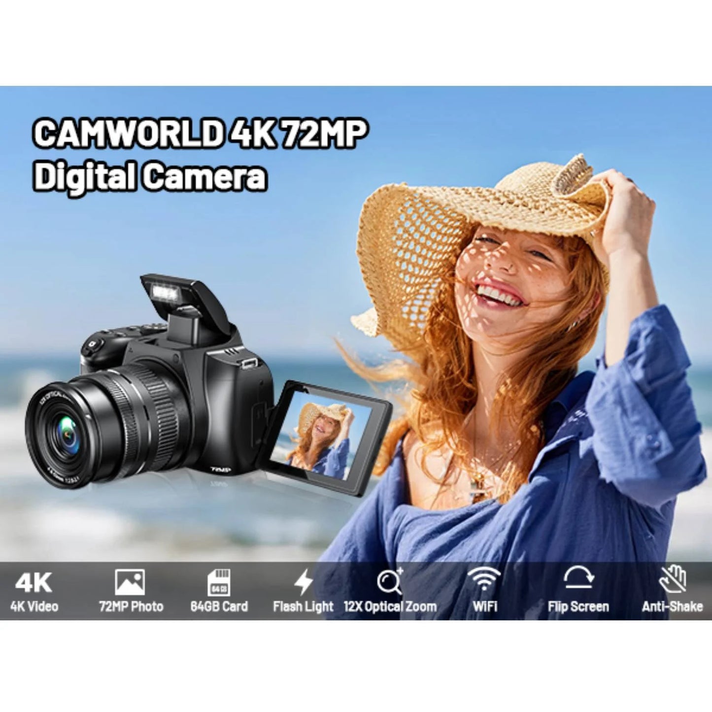 Campark 72MP Digital Camera with 12X Option Zoom Autofocus 4K/30FPS Video, WiFi, 64GB Card