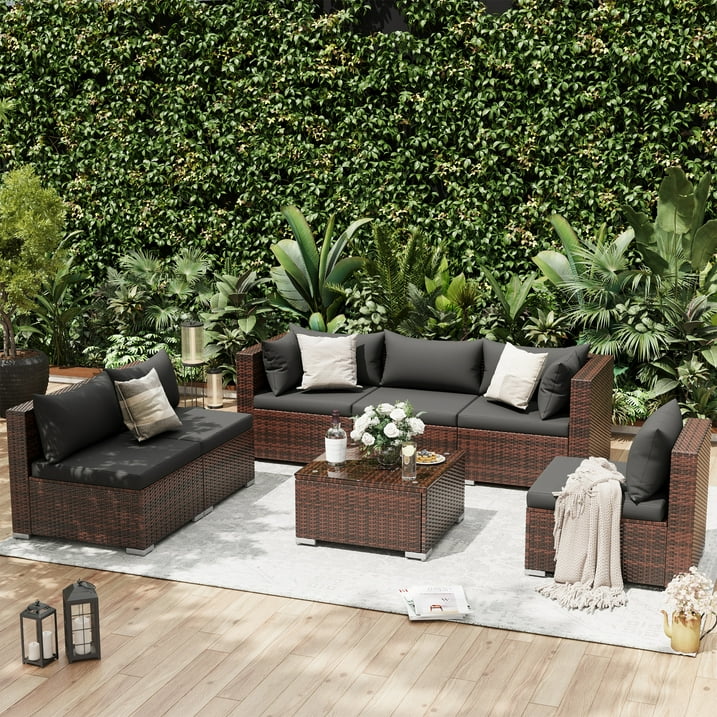 UDPATIO Patio Furniture Sets, Modular Rattan Outdoor Patio Sectional Furniture Sofa Set, Wicker Patio Conversation Set for Backyard, Deck, Poolside w/Glass Coffee Table, 7PC Grey
