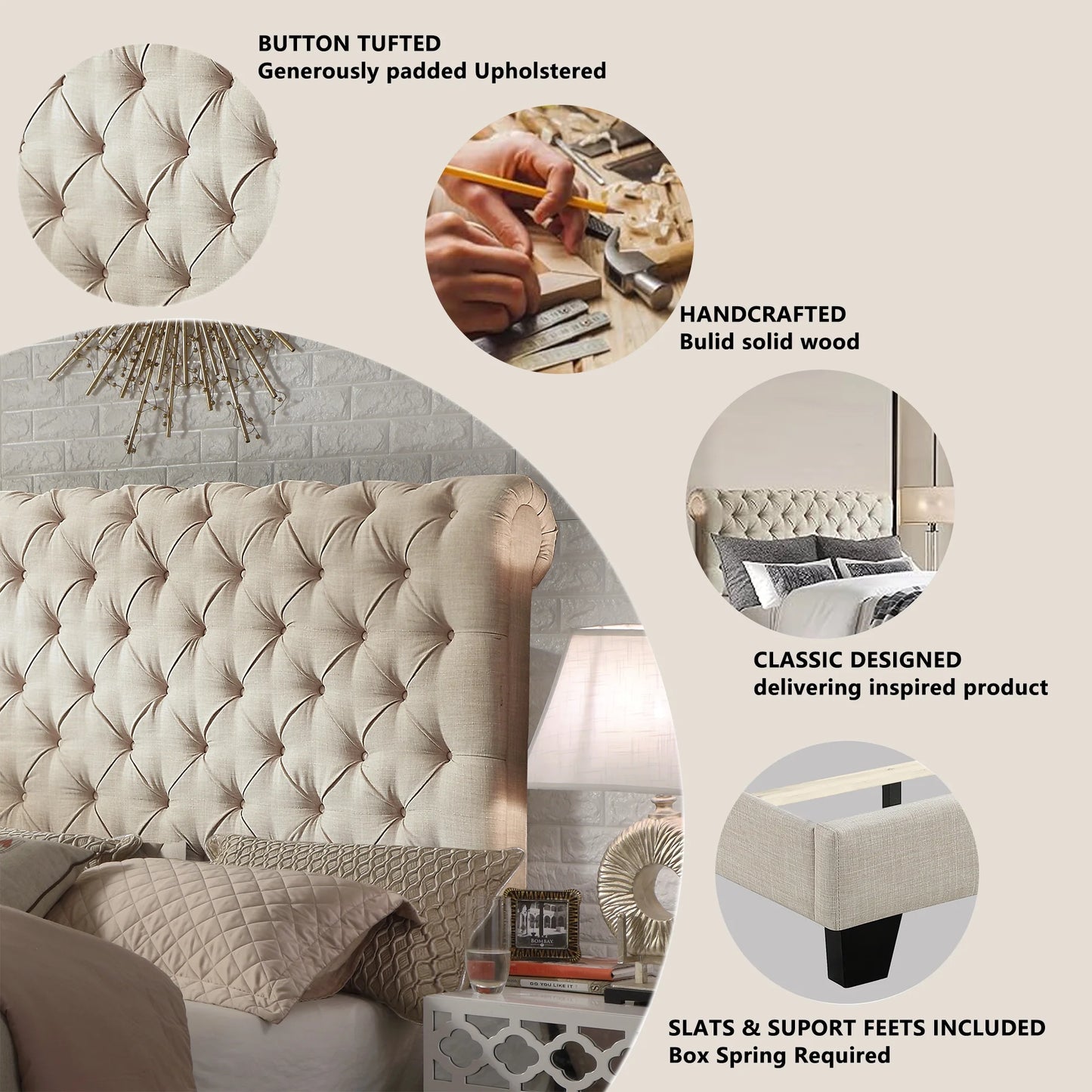 Rosina Roll Head Bed Frame, Fabric Upholstered Chesterfield-Styled Bed Frame with Adjustable Headboard, Wood Slat Support,Easy Assembly,Queen,Linen Beige