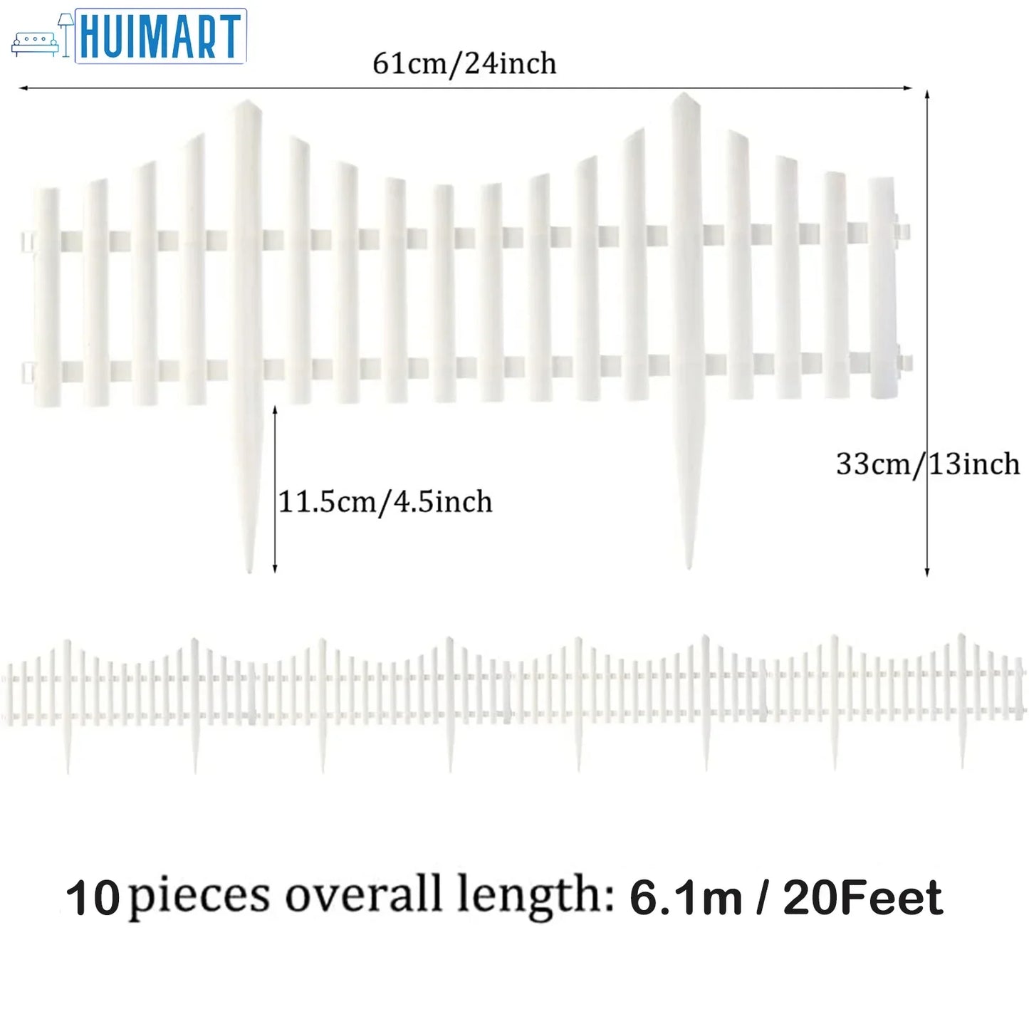 SUSUZI 10-Panel White Picket Fence Plastic Edging Garden Fence Lawn Flowerbed Borders Landscape Path Panels 13in Tall Pack of 10 (Overall Length 20 ft)