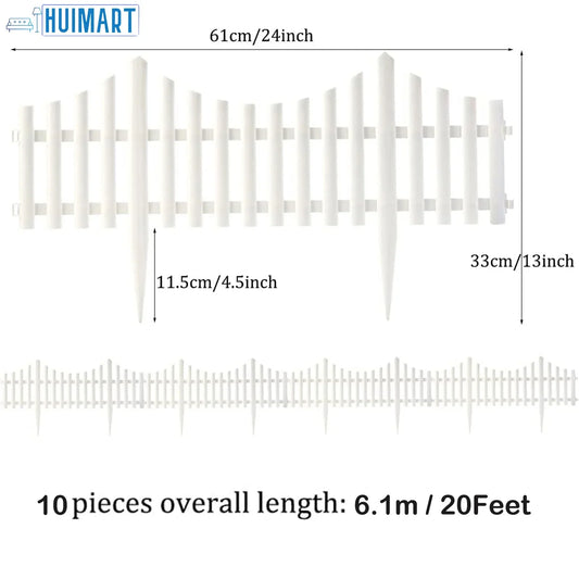SUSUZI 10-Panel White Picket Fence Plastic Edging Garden Fence Lawn Flowerbed Borders Landscape Path Panels 13in Tall Pack of 10 (Overall Length 20 ft)
