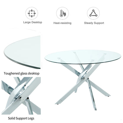 Sumdeal 47" Modern Round Glass Dining Table Room Sets for 4,Dining Table with 4 Velvet Dining Chairs,Black Table and 4 Beige Velvet with Silver Leg
