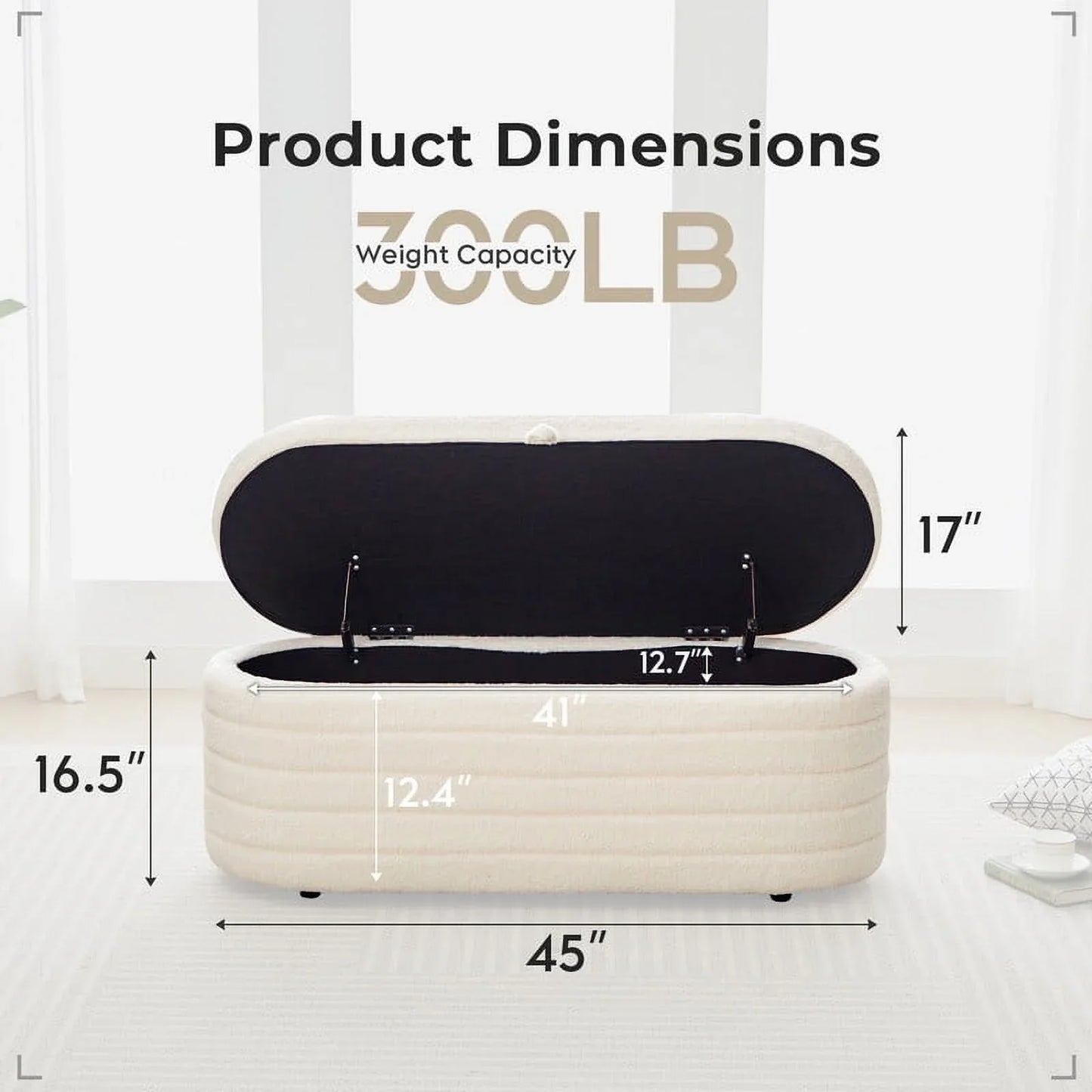 Othniel 45x16.5 Inch White Teddy Storage Ottoman Bench,Oval Footrest with Anti-Slip Legs