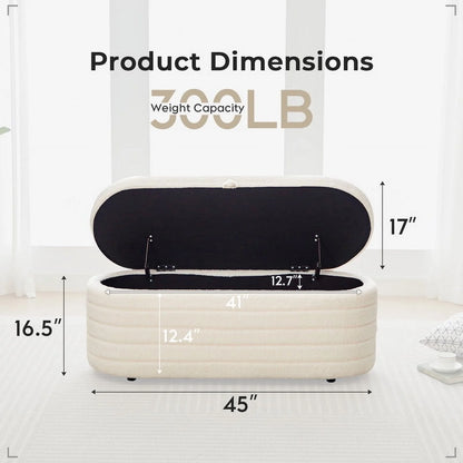 Othniel 45x16.5 Inch White Teddy Storage Ottoman Bench,Oval Footrest with Anti-Slip Legs