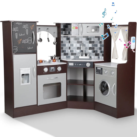 iYofe Corner Play Kitchen, Espresso Kids Kitchen Playset with Lights & Sounds, Play Phone and Curtains, Wooden Kitchen Toys for Ages 3-5 Boys Girls