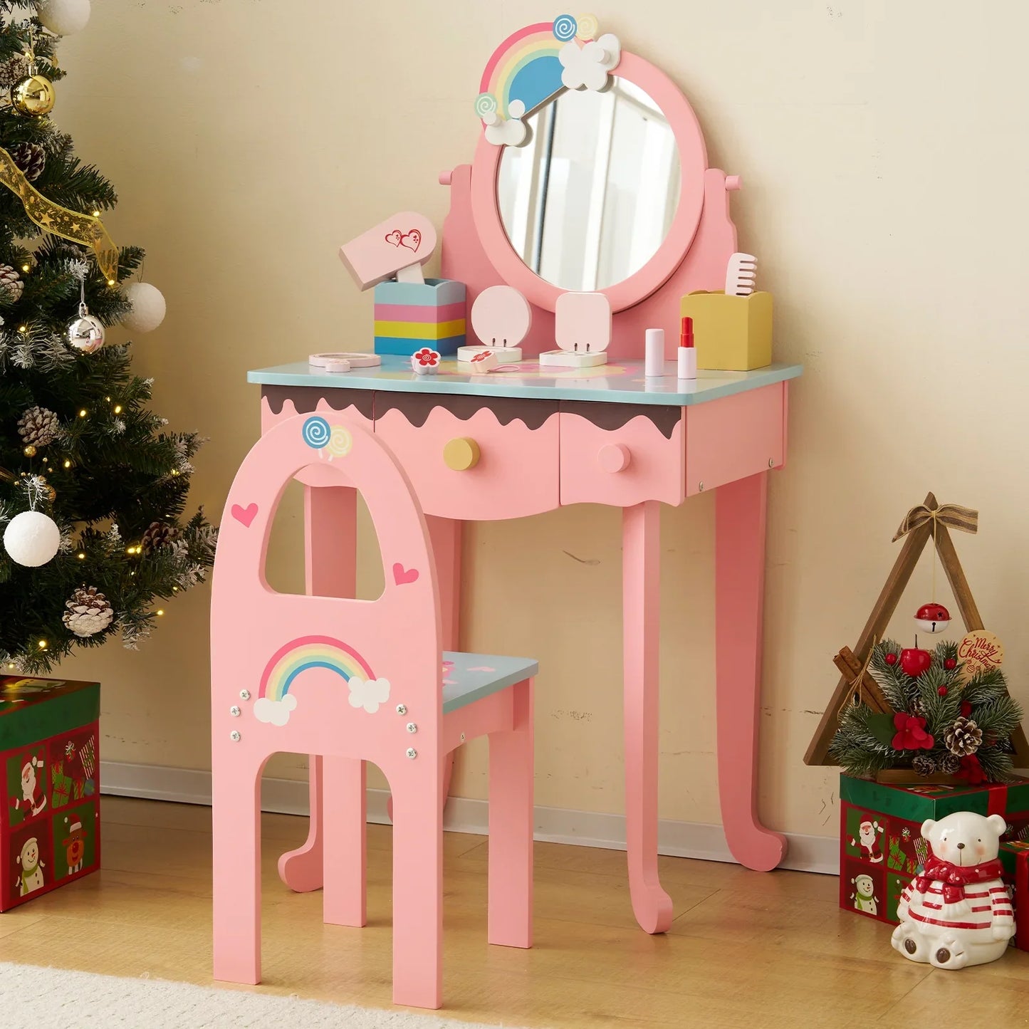 iYofe Kids Vanity Table and Chair Set with 7pcs Pretend Play Makeup Toys, Girls Vanity with Mirror & Stool, 3 Drawers & Tabletop Storage, Princess Dressing Table for Toddlers, Pink