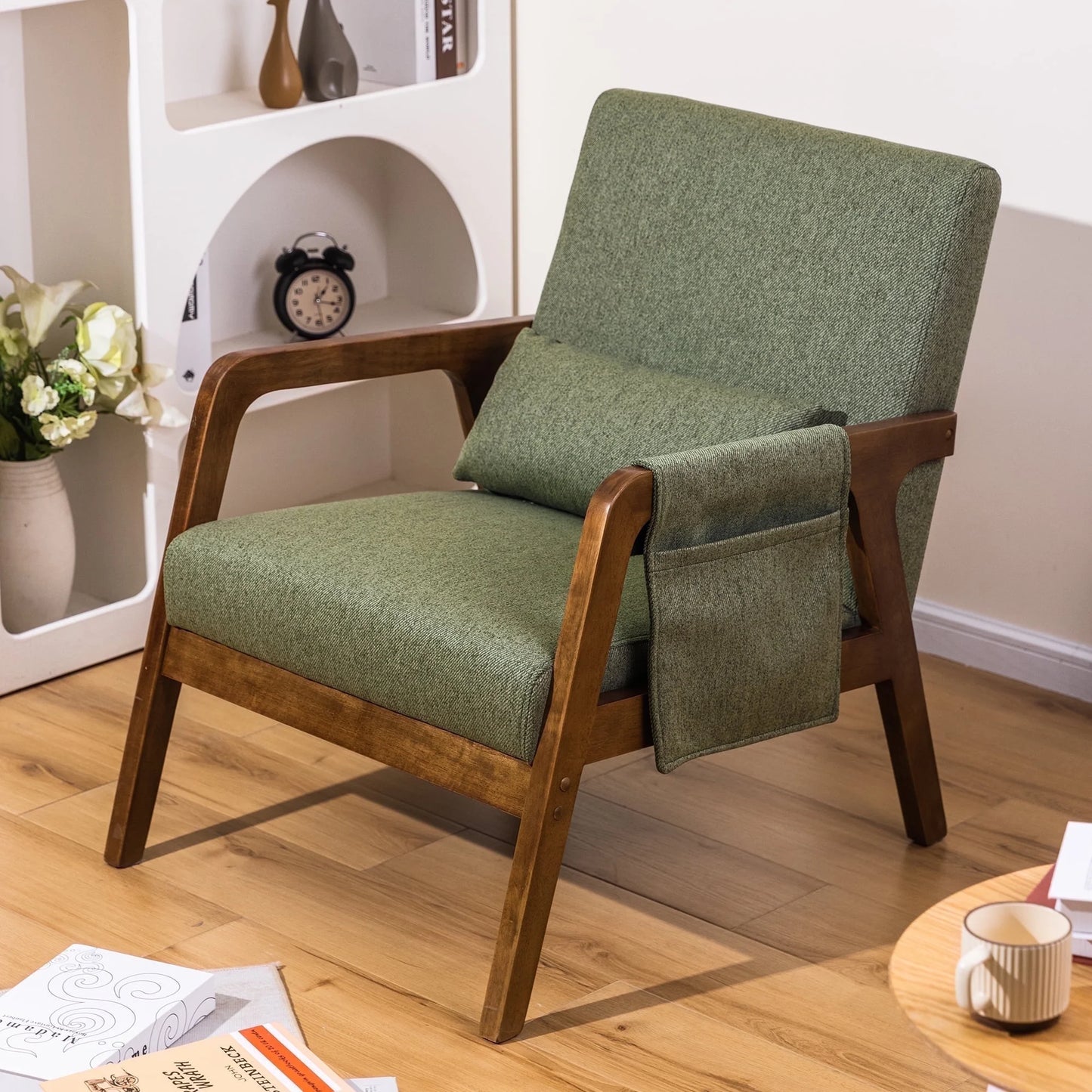 spanspace Mid-Century Modern Accent Chair with Wooden Frame, Upholstered Fabric Armchair for Living Room, Bedroom and Office, Green