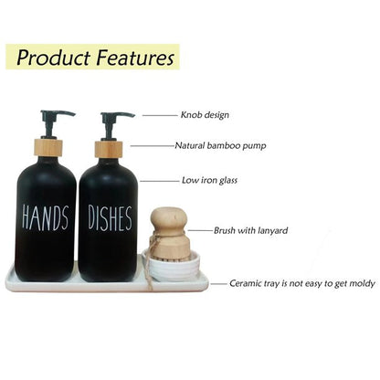 Hand Dish Soap Glass Dispenser Set for Kitchen Sink with Ceramic Tray Wooden Dish Brush Pump Scrubber Holder Matte Liquid Soap Dispenser