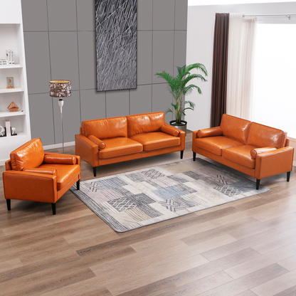 Mjkone 3 Pieces Faux Leather Sofa Couch Set,Mid-Century Single Loveseat Couch and 3 Seater Sofa with Bolster Pillows,Sectional Upholstered Brown Furniture,Small Couch Set for Living Room/Apartment