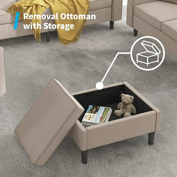 Mjkone Convertible Sectional Sofa Couch with Storage Ottoman, 3 Pcs Couch Set with Storage Pockets, Sectional Couches for Living Room, 3-Seater + Ottoman + 1-Loveseat (Beige)