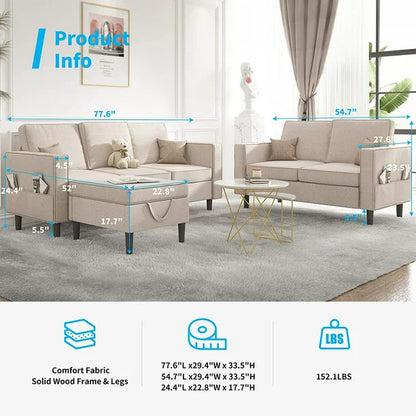 Mjkone Convertible Sectional Sofa Couch with Storage Ottoman, 3 Pcs Couch Set with Storage Pockets, Sectional Couches for Living Room, 3-Seater + Ottoman + 1-Loveseat (Beige)