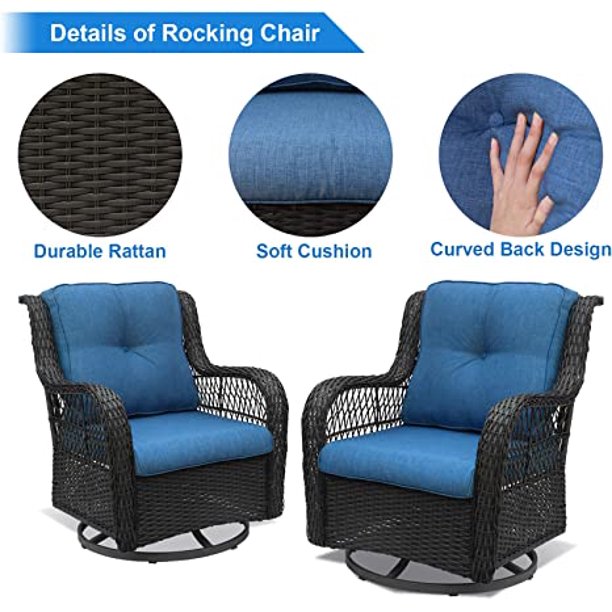 3 Piece Outdoor Wicker Swivel Rocker Patio Furniture Set Blue