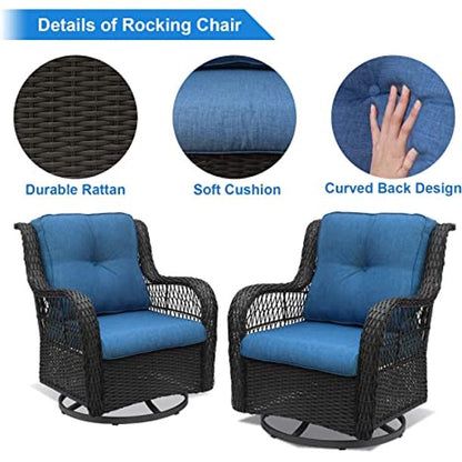 3 Piece Outdoor Wicker Swivel Rocker Patio Furniture Set Blue