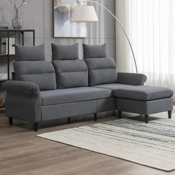 Mjkone L-Shaped Couch with Storage Ottoman and 2 USB Ports, Convertible Sectional Sofa Couch with Adjustable Armrest, Living Room Furniture Suitable for Apartment/Living Room,Dark Grey