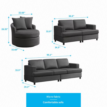Mjkone 3 Pieces Sectional Sofa Couch Set,Living Room Cloud Sofa Furniture Set,Sofa+Loveseat+Chair for Living Room/Office/Apartment/Bedroom, Dark Grey