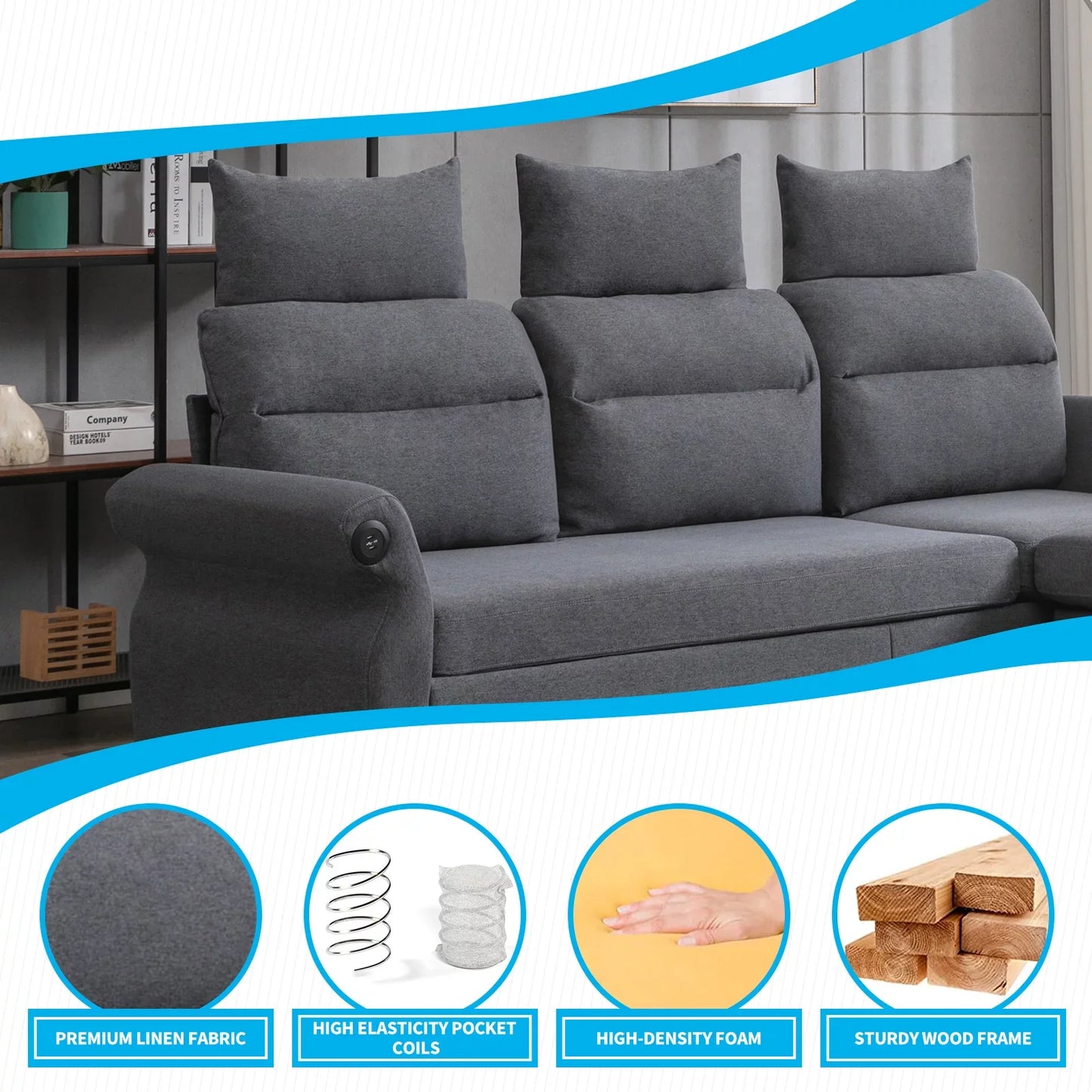 Mjkone L-Shaped Couch with Storage Ottoman and 2 USB Ports, Convertible Sectional Sofa Couch with Adjustable Armrest, Living Room Furniture Suitable for Apartment/Living Room,Dark Grey