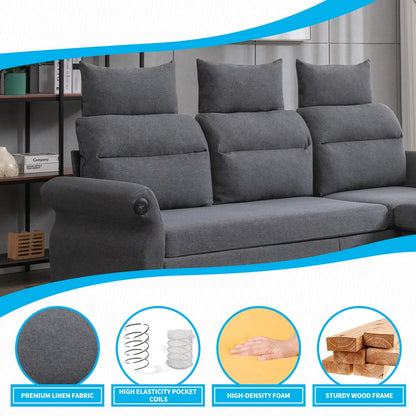 Mjkone L-Shaped Couch with Storage Ottoman and 2 USB Ports, Convertible Sectional Sofa Couch with Adjustable Armrest, Living Room Furniture Suitable for Apartment/Living Room,Dark Grey