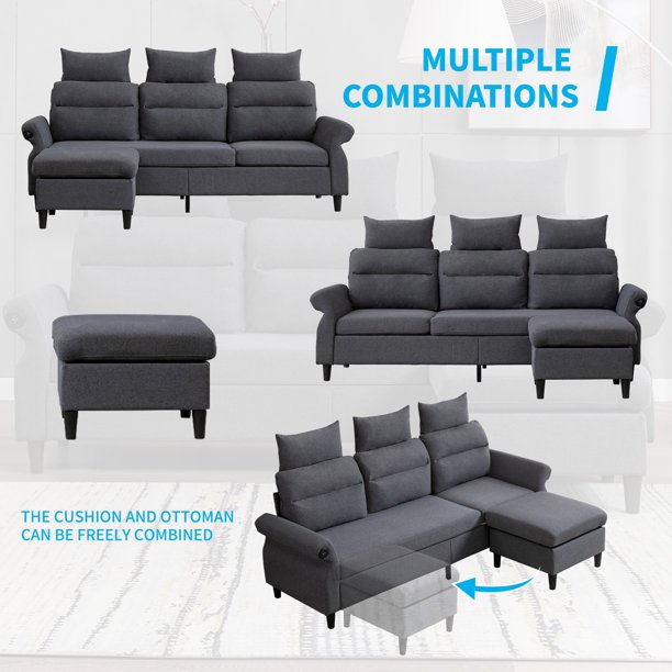 Mjkone L-Shaped Couch with Storage Ottoman and 2 USB Ports, Convertible Sectional Sofa Couch with Adjustable Armrest, Living Room Furniture Suitable for Apartment/Living Room,Dark Grey
