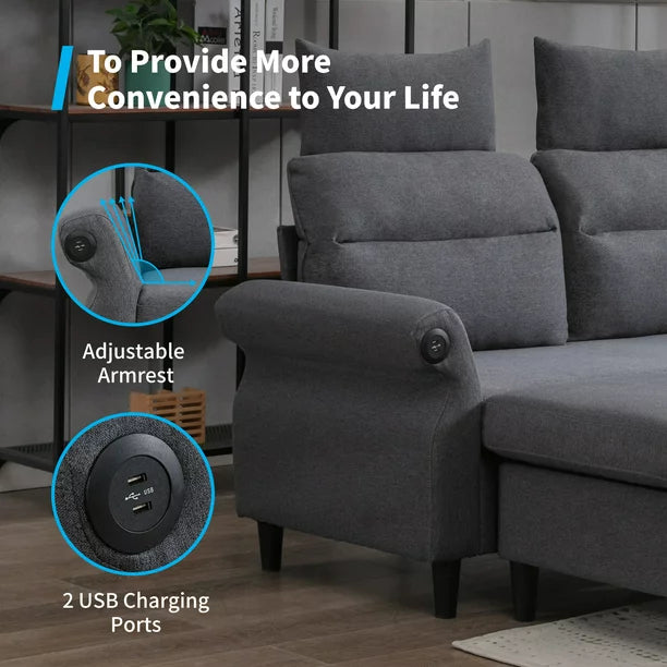 Mjkone L-Shaped Couch with Storage Ottoman and 2 USB Ports, Convertible Sectional Sofa Couch with Adjustable Armrest, Living Room Furniture Suitable for Apartment/Living Room,Dark Grey