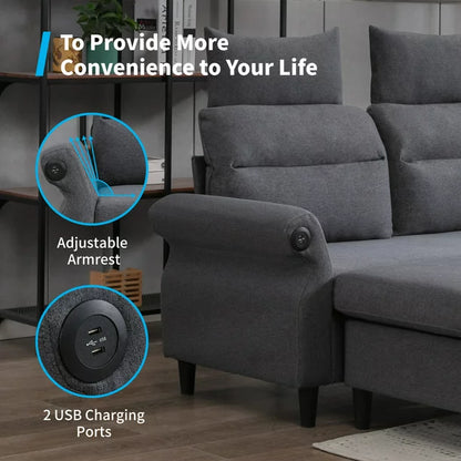 Mjkone L-Shaped Couch with Storage Ottoman and 2 USB Ports, Convertible Sectional Sofa Couch with Adjustable Armrest, Living Room Furniture Suitable for Apartment/Living Room,Dark Grey