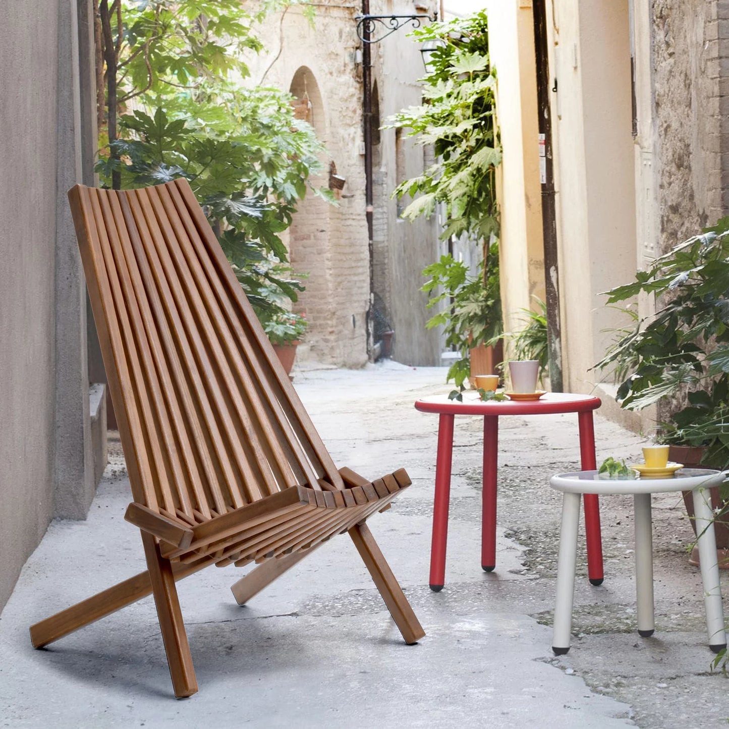 KOWILK Wooden Folding Chair for Outdoor, Low Profile Acacia Wood Lounge Chair with FSC Certified Acacia Wood, Fully Assembled (Espresso)