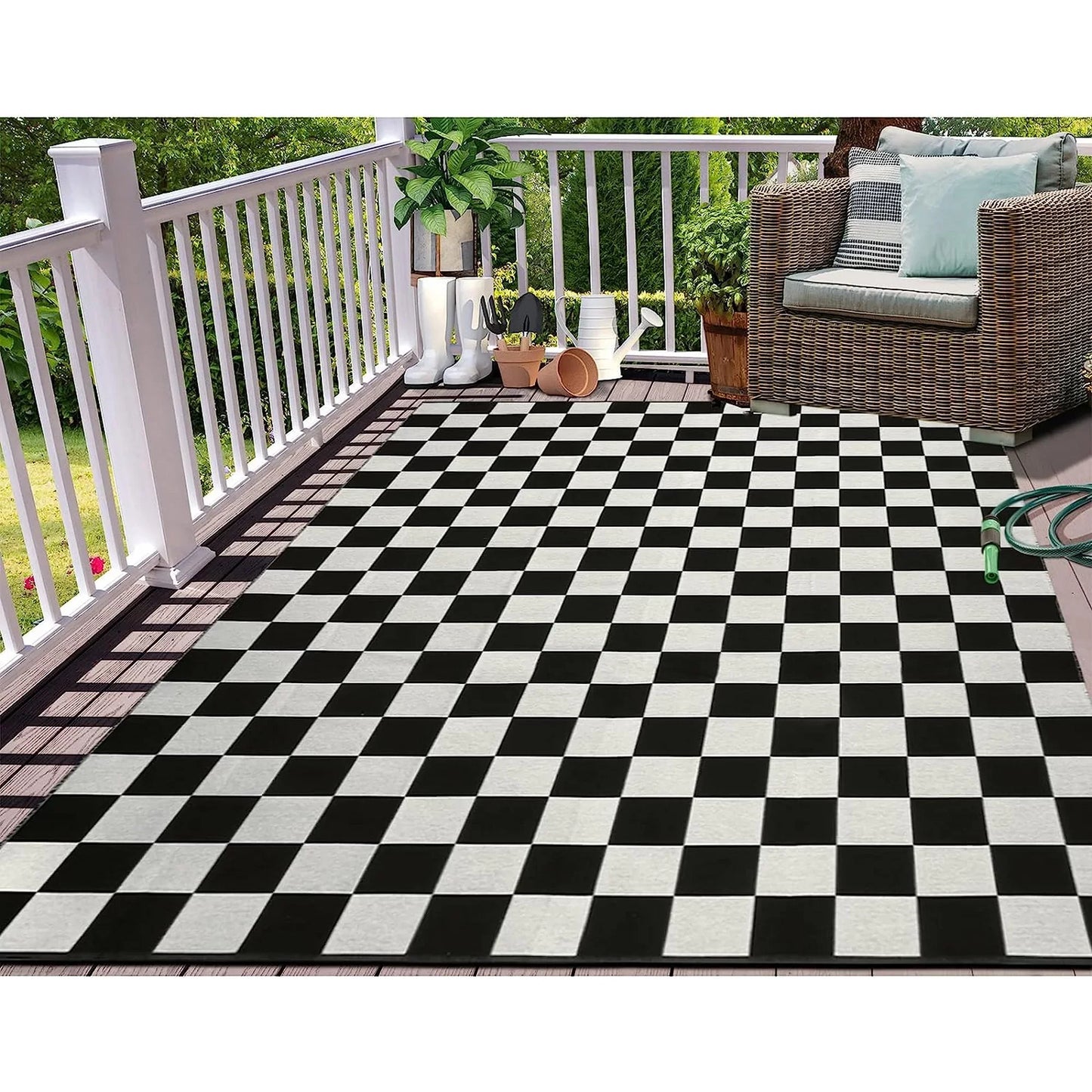 GOTGELIF 9x12 Outdoor Rug Plasti Straw Rug Black and White Rug Waterproof Area Rugs Reversible Patio Rug for RV,Patio,Backyard,Deck,Picnic,Beach